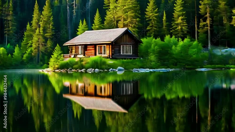 a wooden cabin by a calm lake, surrounded by a dense pine forest. The water reflects the cabin and trees, creating a mirror-like effect, while the morning light bathes the scene in a peaceful glow. a wooden cabin by a calm lake, surrounded by a dense pine forest. The water reflects the cabin and trees, creating a mirror-like effect, while the morning light bathes the scene in a peaceful glow.