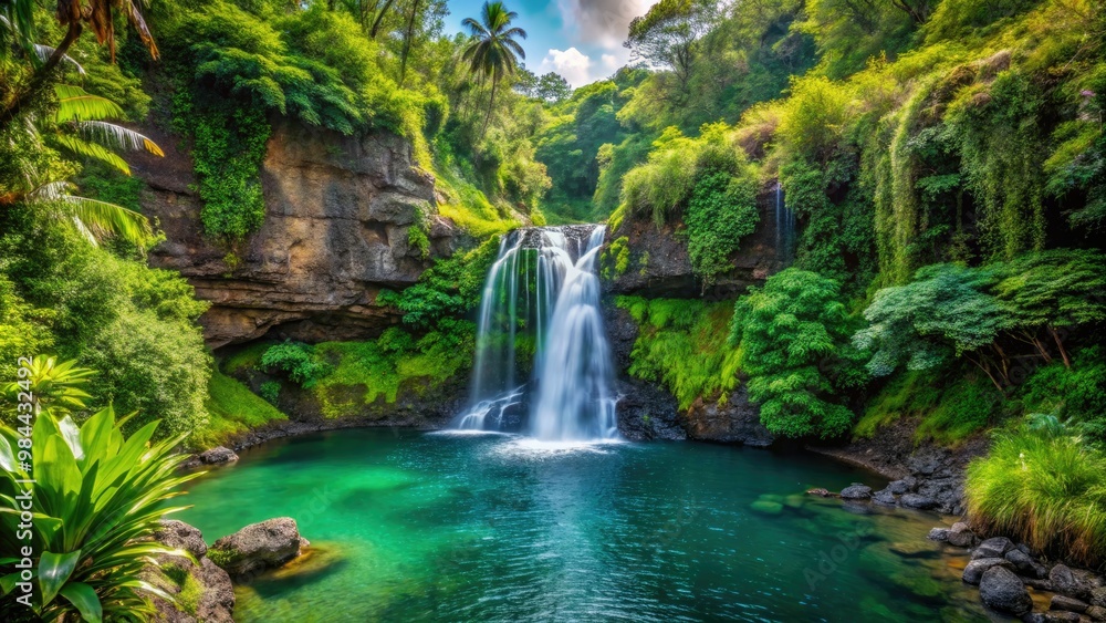 Fototapeta premium Waterfall tumbles into a serene pool, surrounded by tropical foliage, on the enchanting island of Maui, a haven for nature lovers.