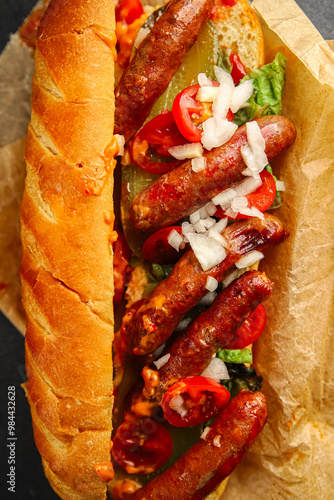 hot dog sausages, bun, greens, sauce fast food delicious food dish Fresh delicious gourmet food background on the table rustic food top view copy space