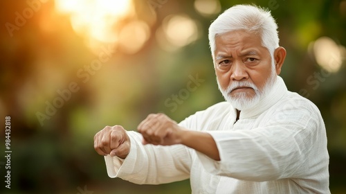 Indian senior citizen doing Tai Chi in a quiet park, emphasizing the importance of exercise for all ages