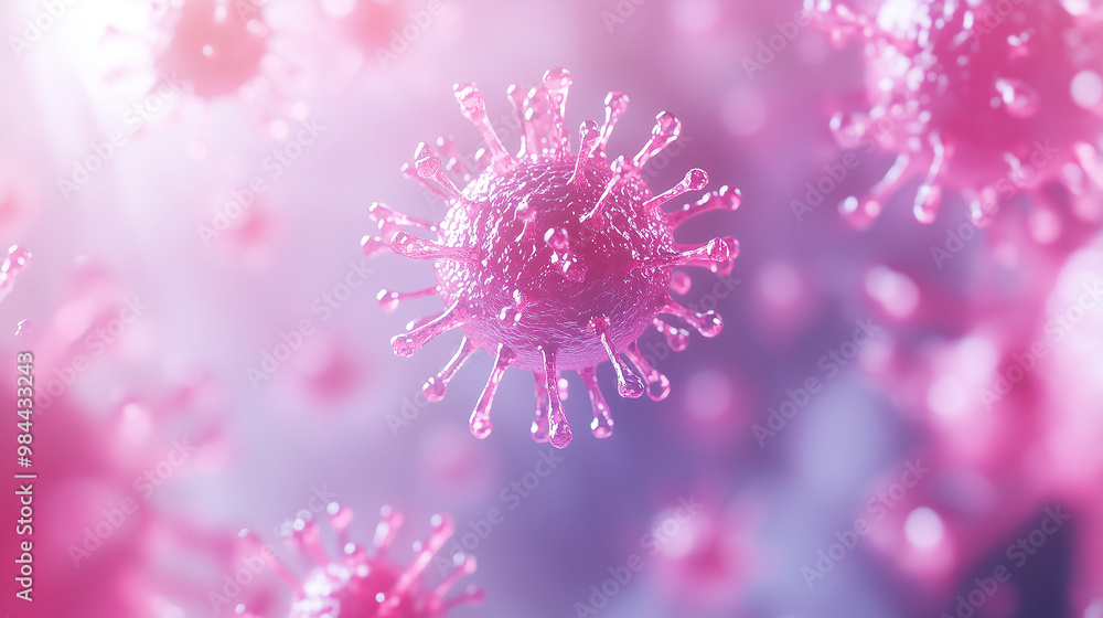 Closeup of a Virus in Pink Cells with Focus on Molecular Biology and Medical Science in a Laboratory Environment Closeup of a Virus in Pink Cells with Focus on Molecular Biology and Medical Science in a Laboratory Environment