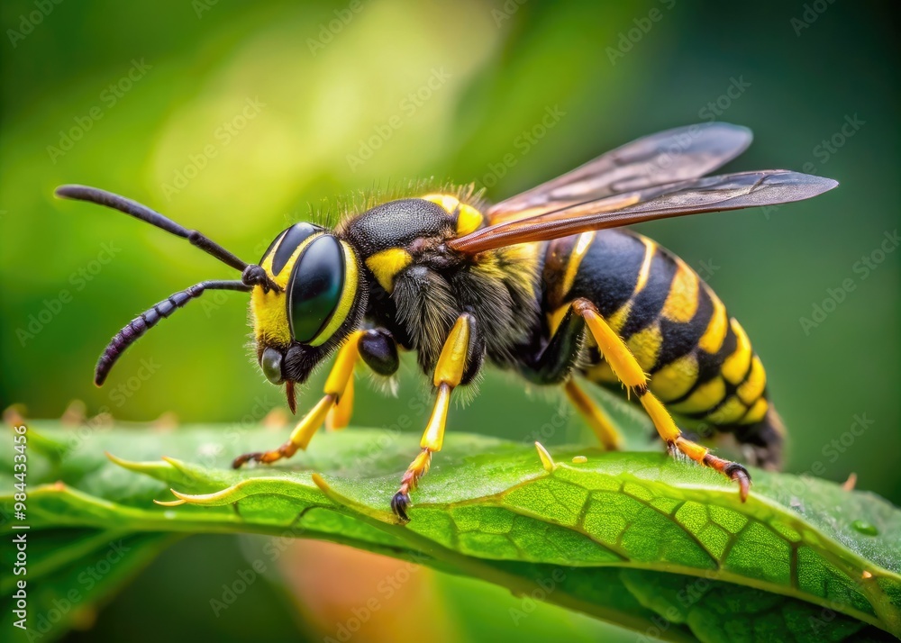Yellow and black striped Japanese carpenter wasp sits poised on leaf, forest background a warm blurry haze. Yellow and black striped Japanese carpenter wasp sits poised on leaf, forest background a warm blurry haze.