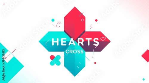 A modern logo design featuring a geometric shape with a red and blue cross, accompanied by the text "HEARTS CROSS" 