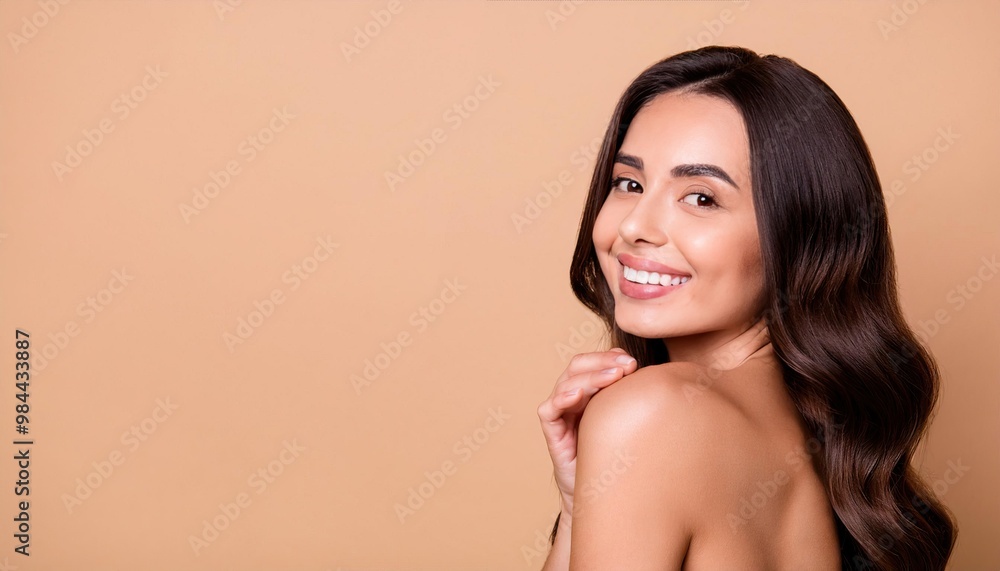Obraz premium sweet positive woman smiling showing white teeth empty space isolated beige color