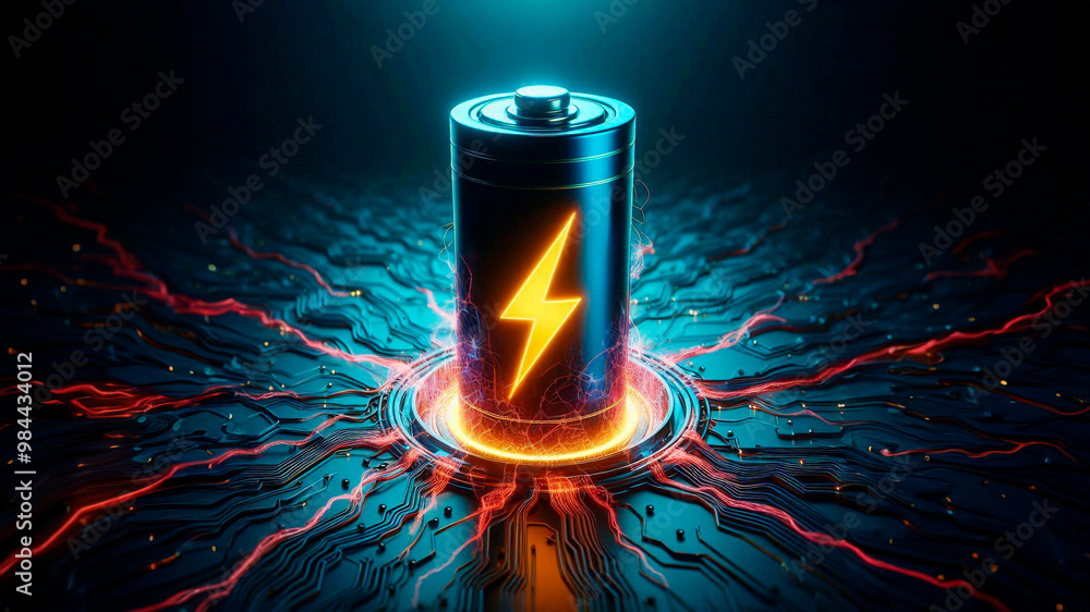 Battery with electric current on dark background Battery with electric current on dark background