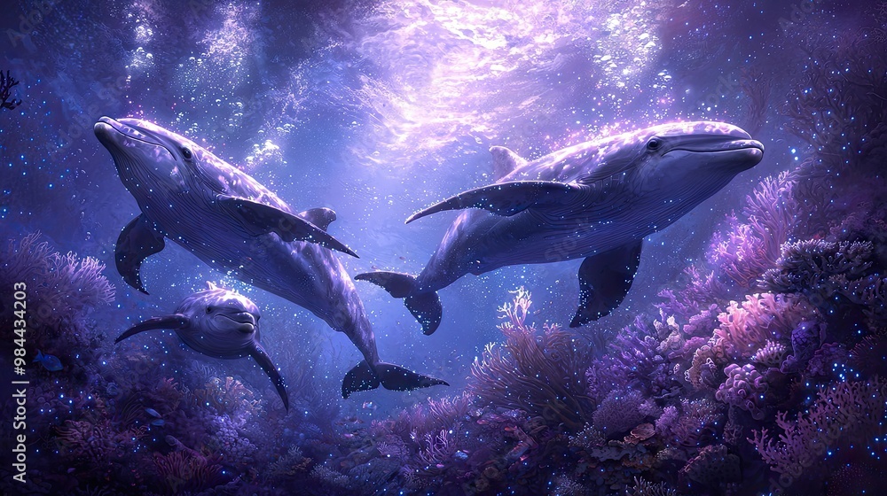 Naklejka premium A magical underwater Christmas scene with marine creatures like dolphins and turtles decorating coral reefs with glowing ornaments and seaweed garlands, Santa wearing a diving suit delivering gifts to