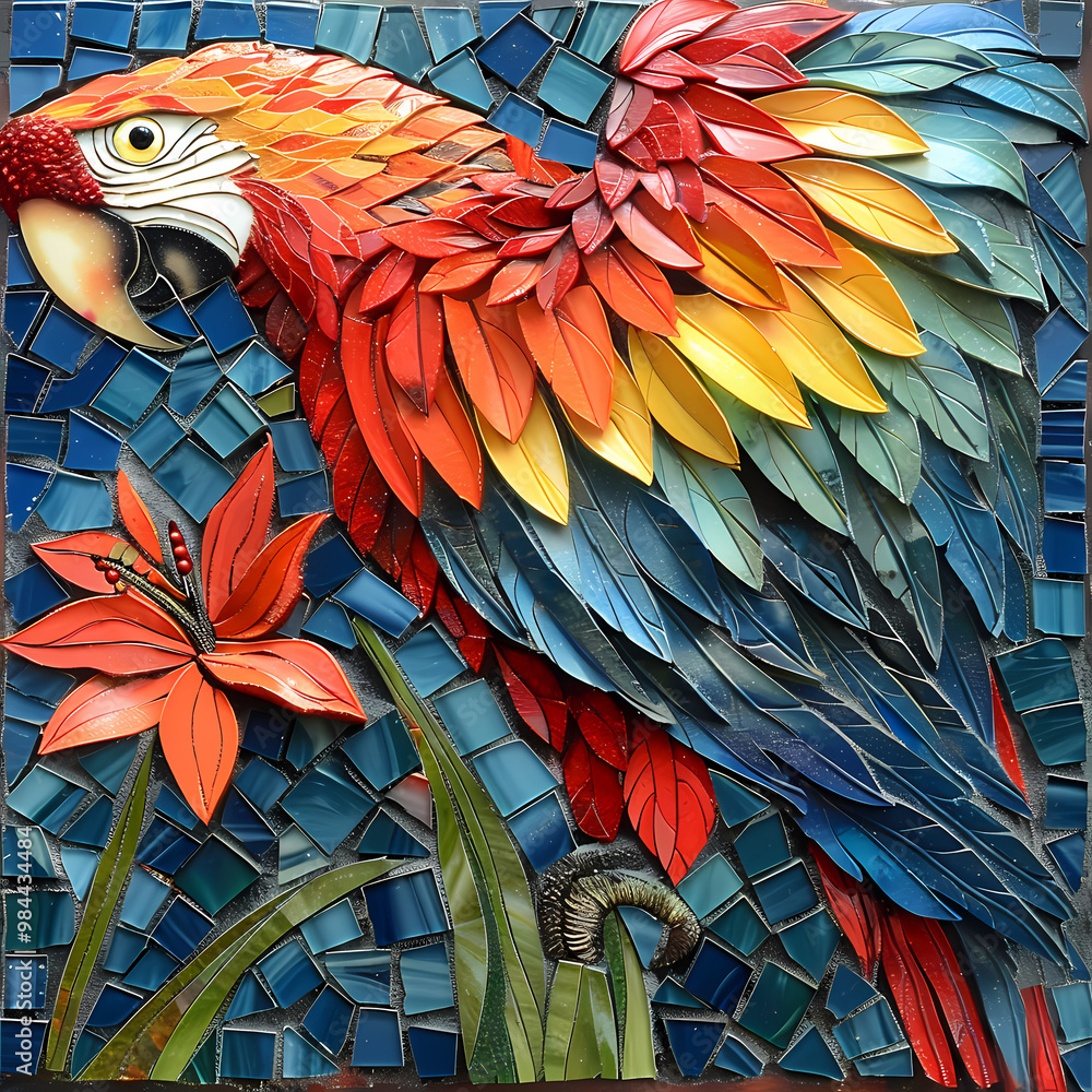 Obraz premium Mosaic artistic image of narrow border of Scarlet Macaw feathers and tiger lilies