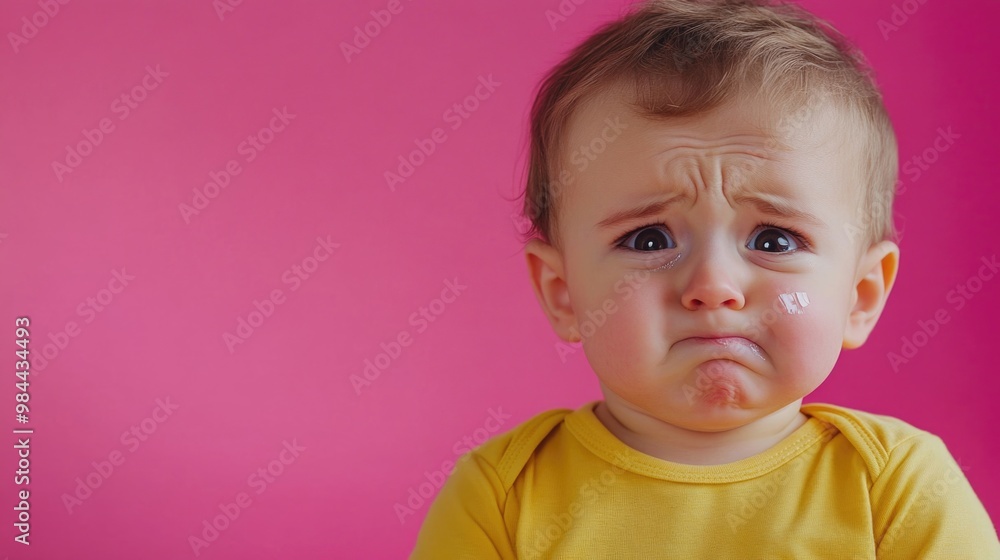 Portrait of an adorable toddler boy wearing a yellow t-shirt and crying. Portrait of an adorable toddler boy wearing a yellow t-shirt and crying.