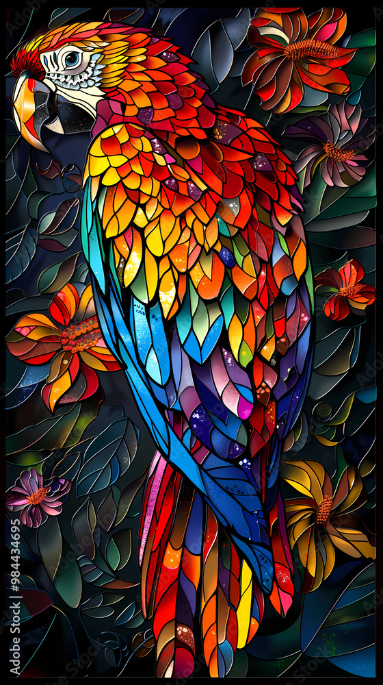 Obraz premium Stained glass vector-style image of beautiful Scarlet Macaw bird tail, tropical flowers, bird feathers, color coordinated abstract expressionism surrealism apophysis paisley design
