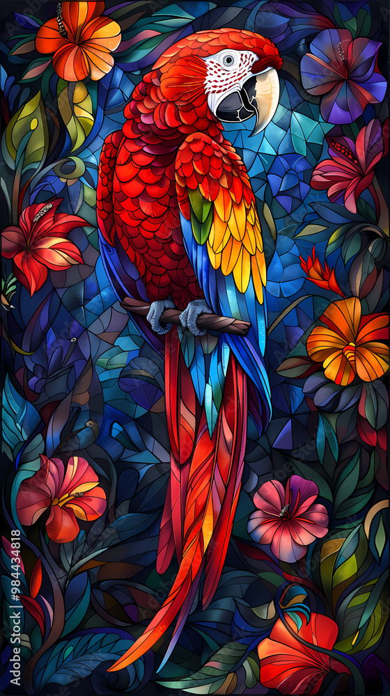 Fototapeta premium Stained glass vector-style image of beautiful Scarlet Macaw bird tail, tropical flowers, bird feathers, color coordinated abstract expressionism surrealism apophysis paisley design