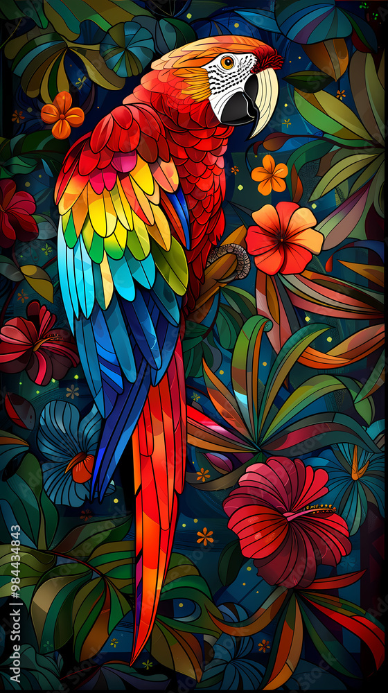 Obraz premium Stained glass vector-style image of beautiful Scarlet Macaw bird tail, tropical flowers, bird feathers, color coordinated abstract expressionism surrealism apophysis paisley design