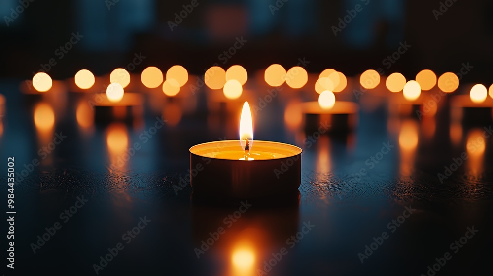 A single tea light candle glowing in the dark, surrounded by softly lit candles in the background, symbolizing hope and resilience A single tea light candle glowing in the dark, surrounded by softly lit candles in the background, symbolizing hope and resilience