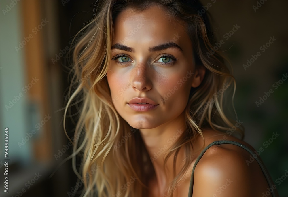 Fototapeta premium A young woman with flowing blonde hair gazes softly into the camera. Her green eyes are striking, with delicate freckles scattered across her nose and cheeks.