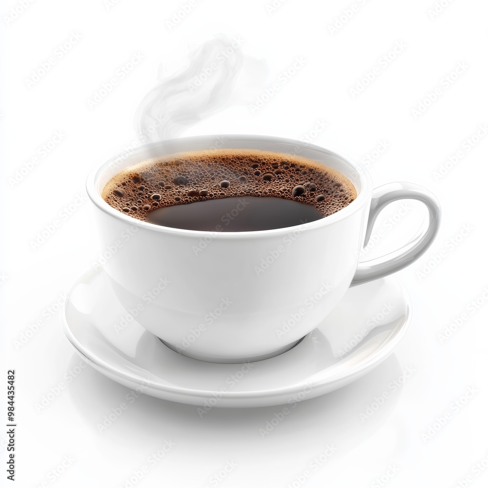 Realistic 3D render of a perfectly brewed cup of coffee with steam rising, isolated on white