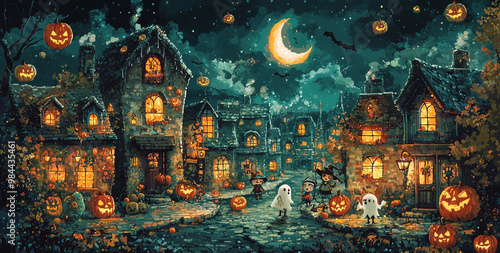 A colorful, illustrated Halloween scene featuring children in costumes walking through a magical village filled with Jack-O'-Lanterns under a full moon.