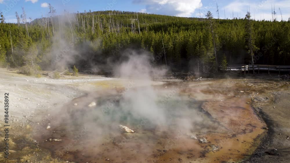 Cinematic shot of scenic landscape at steaming thermal pool in Yellowstone National Park, USA Cinematic shot of scenic landscape at steaming thermal pool in Yellowstone National Park, USA