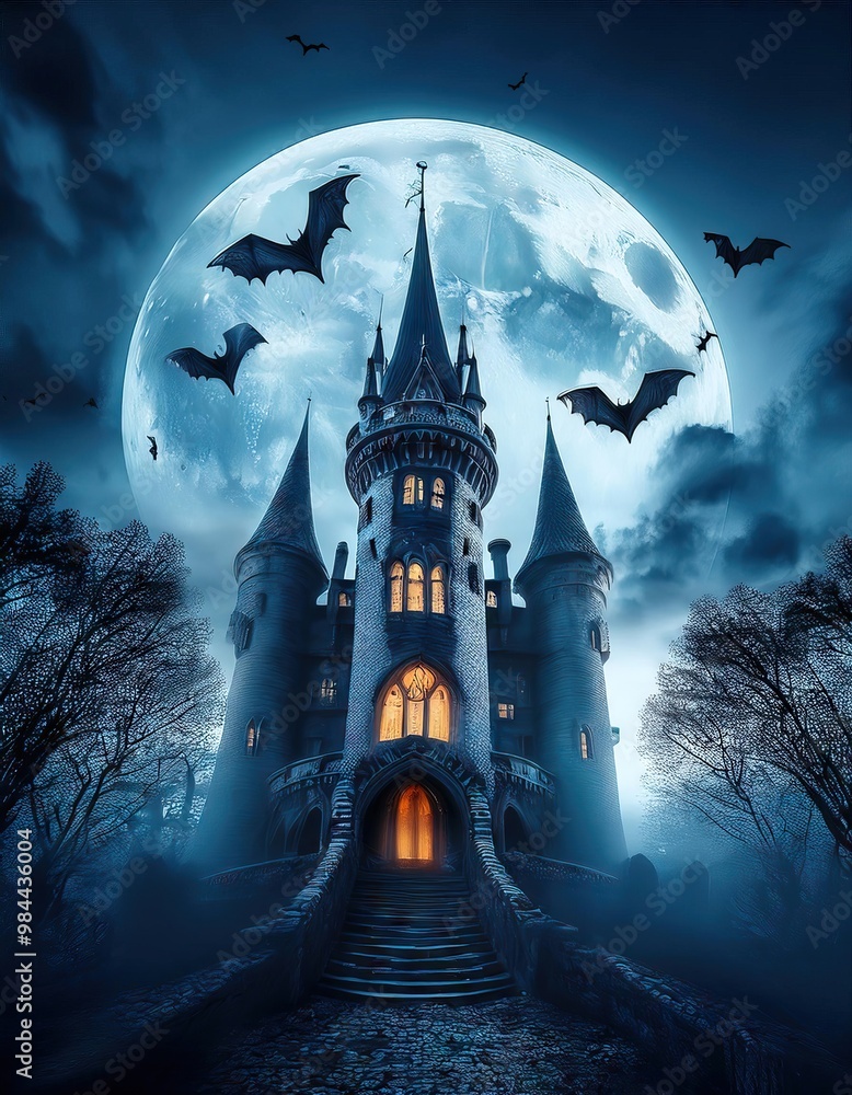 Fototapeta premium Spooky haunted castle with full moon, ghosts, bats, and eerie atmosphere, perfect for Halloween or horror-themed projects 