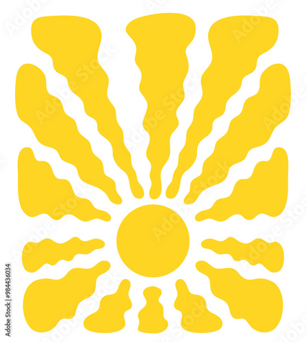 Yellow groovy sun, flat simple vector illustration. Sun isolated on white background. Abstract retro sun with wavy rays. Vintage poster or banner design. Trendy 60s 70s hippie style. Summer pattern