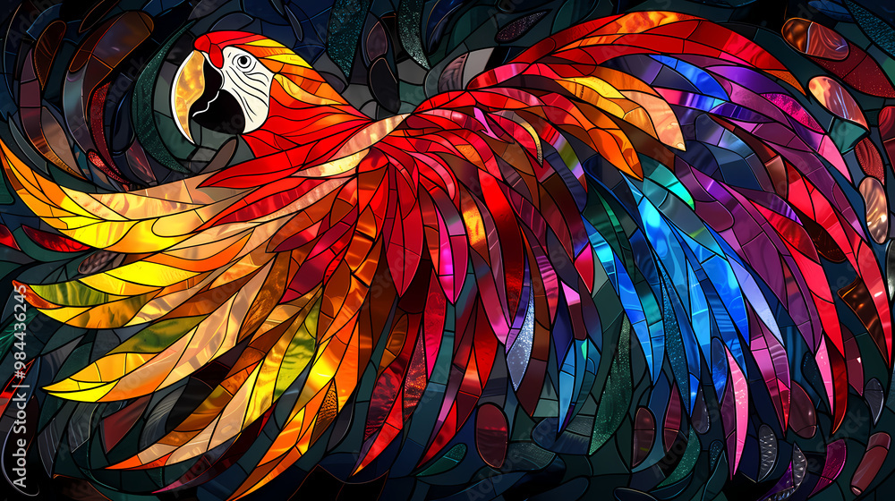 Obraz premium Stained glass vector-style image of beautiful Scarlet Macaw bird tail, tropical flowers, bird feathers, color coordinated abstract expressionism surrealism apophysis paisley design