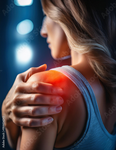 A close-up of a person clutching their shoulder, which is highlighted to indicate pain or injury, possibly suggesting muscle or joint issues
 photo