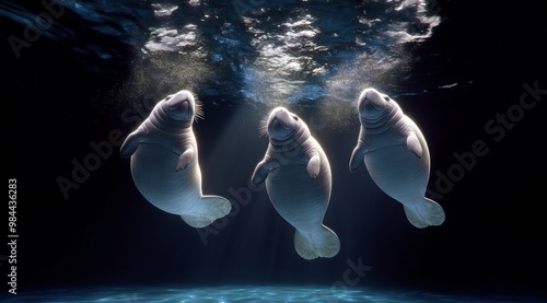 An enchanting underwater view showing three manatees illuminated beautifully as they swim, creating a scene of magic and tranquility in blue waters. photo