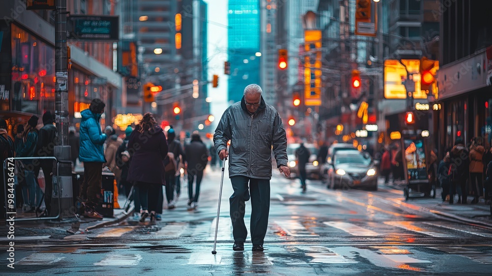 Man with visual impairment using a white cane to cross a crowded city intersection, emphasizing urban mobility Man with visual impairment using a white cane to cross a crowded city intersection, emphasizing urban mobility