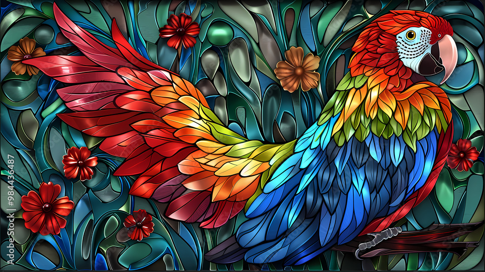Obraz premium Stained glass vector-style image of beautiful Scarlet Macaw bird tail, tropical flowers, bird feathers, color coordinated abstract expressionism surrealism apophysis paisley design