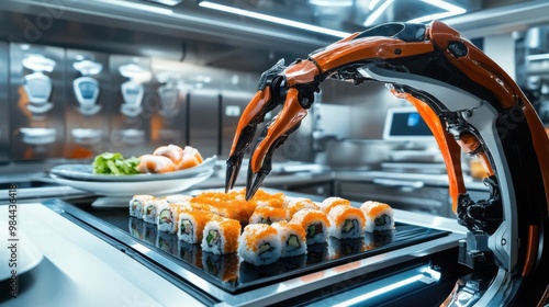 A robotic arm skillfully prepares sushi in a modern kitchen, showcasing a fusion of technology and culinary art.