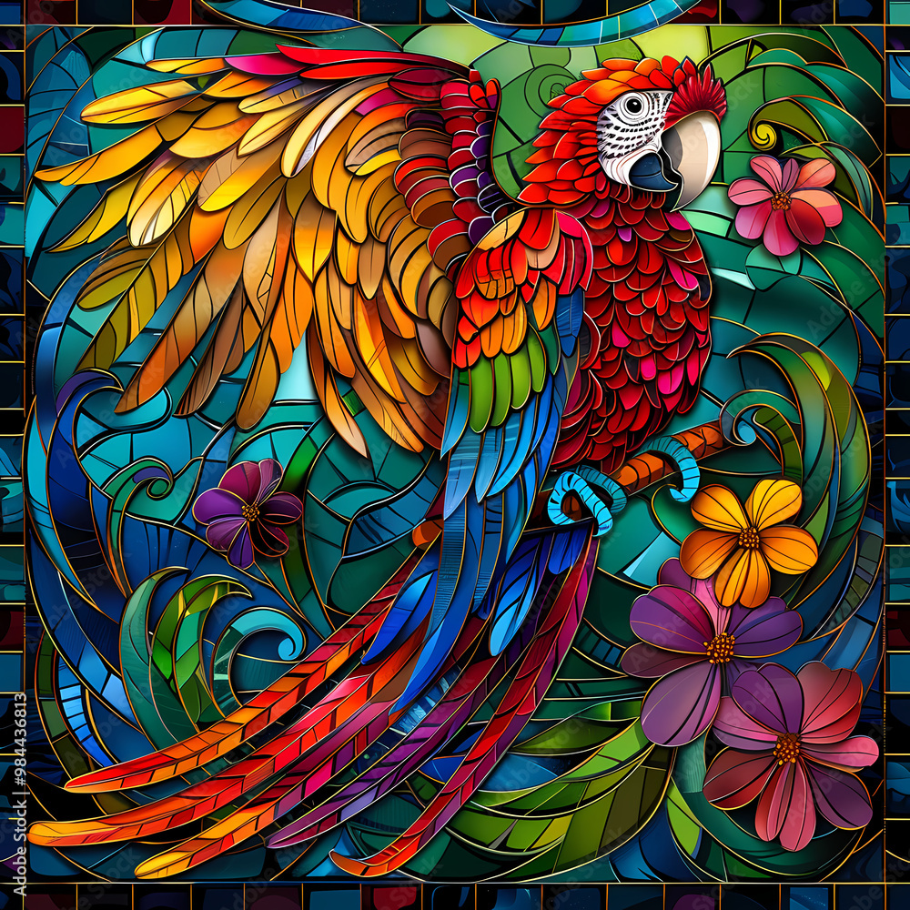 Obraz premium Stained glass vector-style image of beautiful Scarlet Macaw bird tail, tropical flowers, bird feathers, color coordinated abstract expressionism surrealism apophysis paisley design
