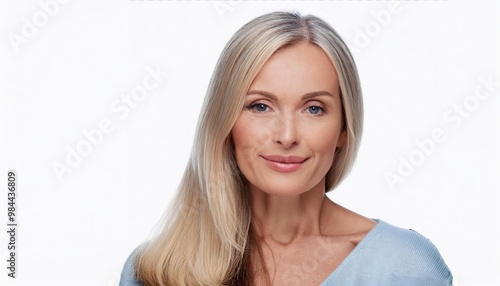 pretty middle-aged woman with straight blond hair, blue eyes 