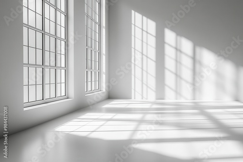 abstract white studio background for product showcase empty room with subtle window shadows minimalist setting perfect for highlighting featured items with blurred backdrop