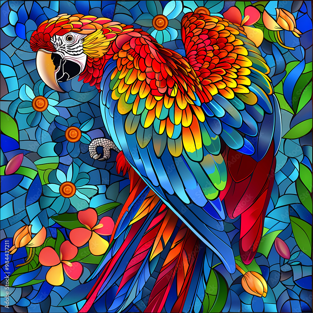 Fototapeta premium Stained glass vector-style image of beautiful Scarlet Macaw bird tail, tropical flowers, bird feathers, color coordinated abstract expressionism surrealism apophysis paisley design