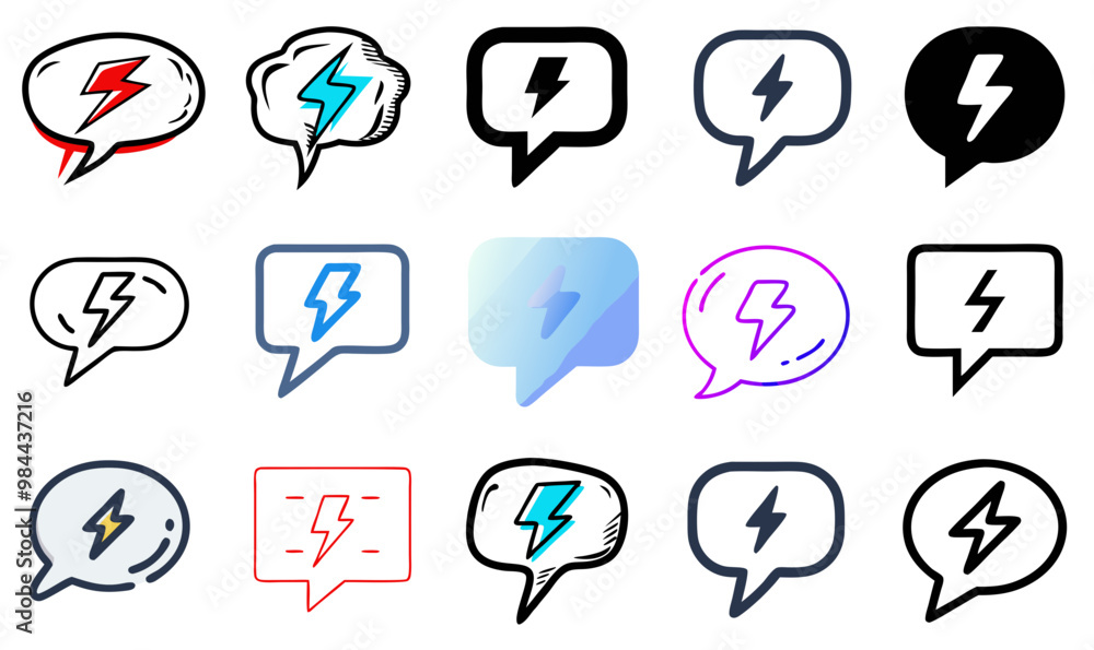 Collection of lightning bolt icons in speech bubbles representing energy and communication Collection of lightning bolt icons in speech bubbles representing energy and communication