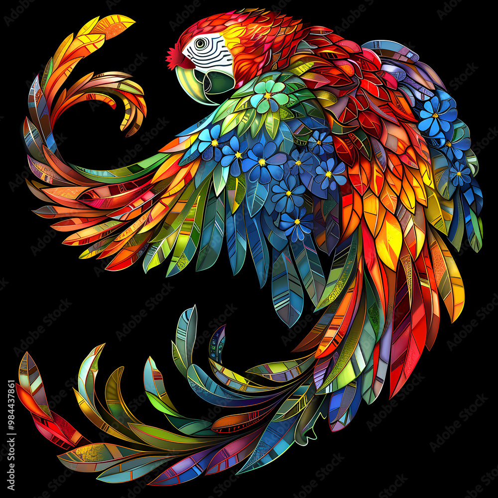 Obraz premium Stained glass vector-style image of beautiful Scarlet Macaw bird tail, tropical flowers, bird feathers, color coordinated abstract expressionism surrealism apophysis paisley design