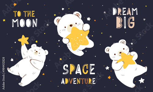 Set of flat vector illustrations in children's style. Cute white bears flying in space. Space and stars. A set of space-themed lettering and inscriptions. . Vector illustration