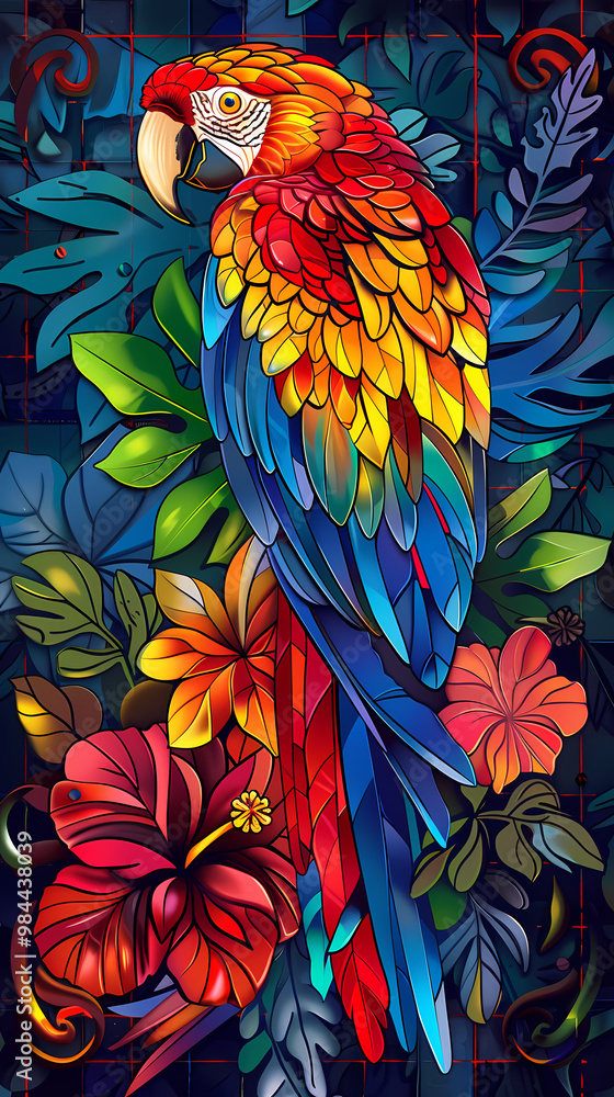 Obraz premium Stained glass vector-style image of beautiful Scarlet Macaw bird tail, tropical flowers, bird feathers, color coordinated abstract expressionism surrealism apophysis paisley design