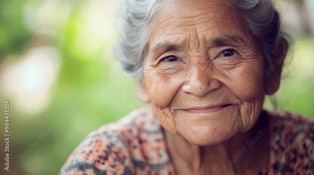 A smiling elderly woman with gray hair and a warm expression, dressed in patterned clothes against a soft-focus background, exuding peace, joy, and wisdom. A smiling elderly woman with gray hair and a warm expression, dressed in patterned clothes against a soft-focus background, exuding peace, joy, and wisdom.