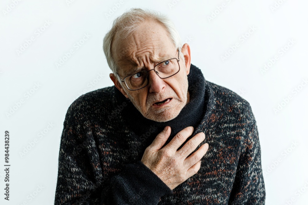 An elderly man in a textured sweater places his hand on his chest, standing against a plain white background, reflecting a subtle moment of contemplation and emotion. An elderly man in a textured sweater places his hand on his chest, standing against a plain white background, reflecting a subtle moment of contemplation and emotion.
