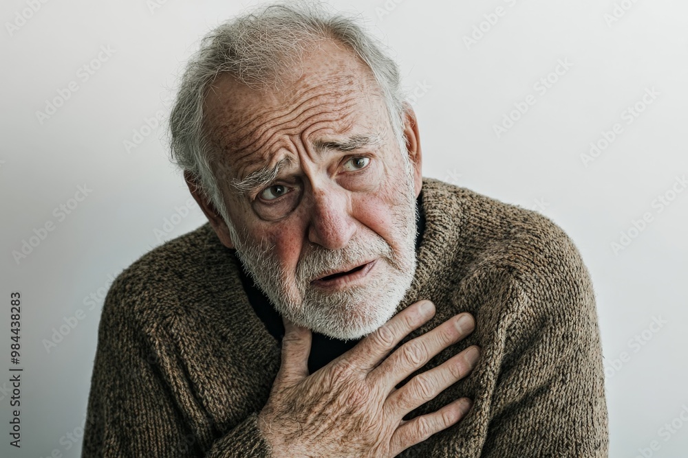 An elderly man with a concerned expression, holding his chest with one hand, dressed in a brown knit sweater, set against a plain background. An elderly man with a concerned expression, holding his chest with one hand, dressed in a brown knit sweater, set against a plain background.