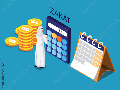 Zakat Calculation Concept with Calendar, Coins, and Financial Tools 3d isometric vector illustration