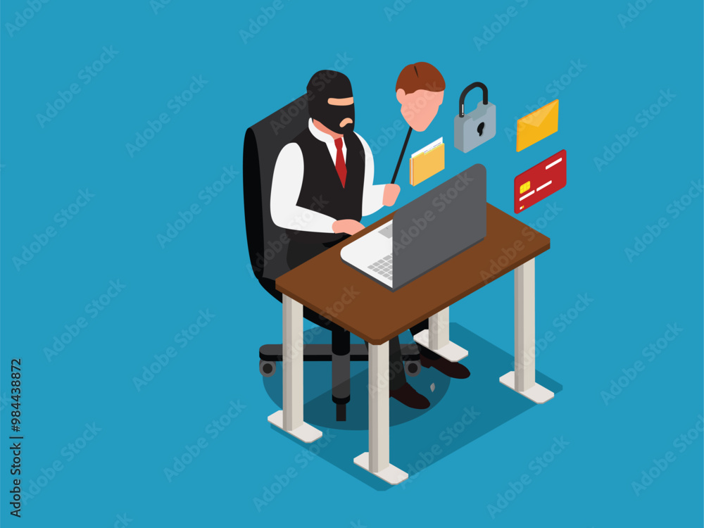 Cybercriminal Identity Theft and Online Fraud Concept with Hacker Using Stolen Information 3d isometric vector illustration Cybercriminal Identity Theft and Online Fraud Concept with Hacker Using Stolen Information 3d isometric vector illustration
