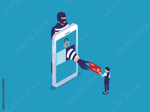 Cybercrime and Online Fraud Concept with Hacker Stealing Credit Card Information 3d isometric vector illustration