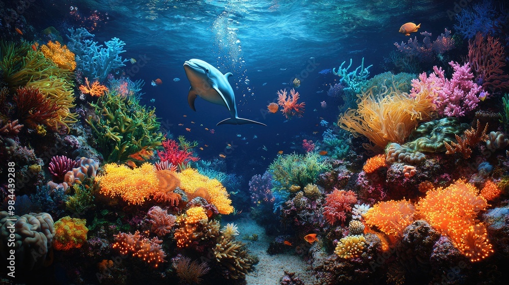 A magical underwater Christmas scene with marine creatures like dolphins and turtles decorating coral reefs with glowing ornaments and seaweed garlands, Santa wearing a diving suit delivering gifts to A magical underwater Christmas scene with marine creatures like dolphins and turtles decorating coral reefs with glowing ornaments and seaweed garlands, Santa wearing a diving suit delivering gifts to