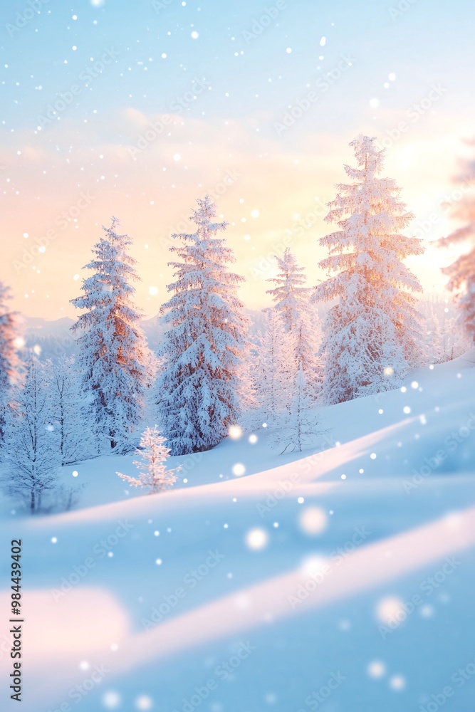 Fototapeta premium Snow-Covered Trees in Serene Winter Landscape with Falling Snowflakes at Sunset