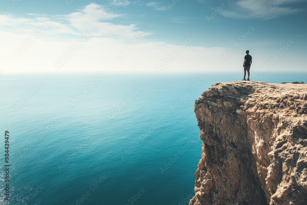 A lone man stands at the brink of a cliff, peering out over a tranquil and expansive ocean stretching to the horizon beneath an airy, light-filled sky, symbolizing introspection and freedom. A lone man stands at the brink of a cliff, peering out over a tranquil and expansive ocean stretching to the horizon beneath an airy, light-filled sky, symbolizing introspection and freedom.