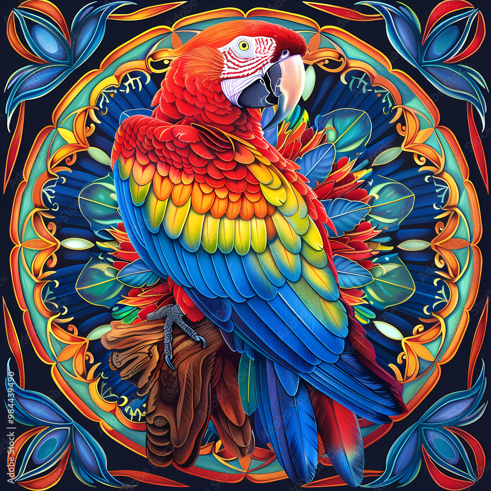 Fototapeta premium very bright and colorful mandala,very detailed high quality,object in center,Scarlet Macaw whole body