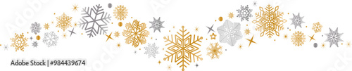 Snowflakes border in wave shape.Golden snowflakes with stars border. Silver snowflakes wave vector. Christmas decoration.	Template with a christmas elements .Snowflakes background