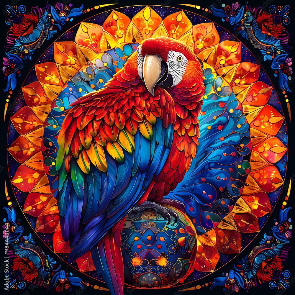 Obraz premium very bright and colorful mandala,very detailed high quality,object in center,Scarlet Macaw whole body