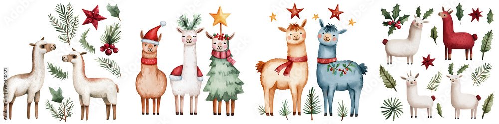 Naklejka premium Festive animal characters, adorned with Christmas decorations and surrounded by holiday foliage, on a white isolated background.