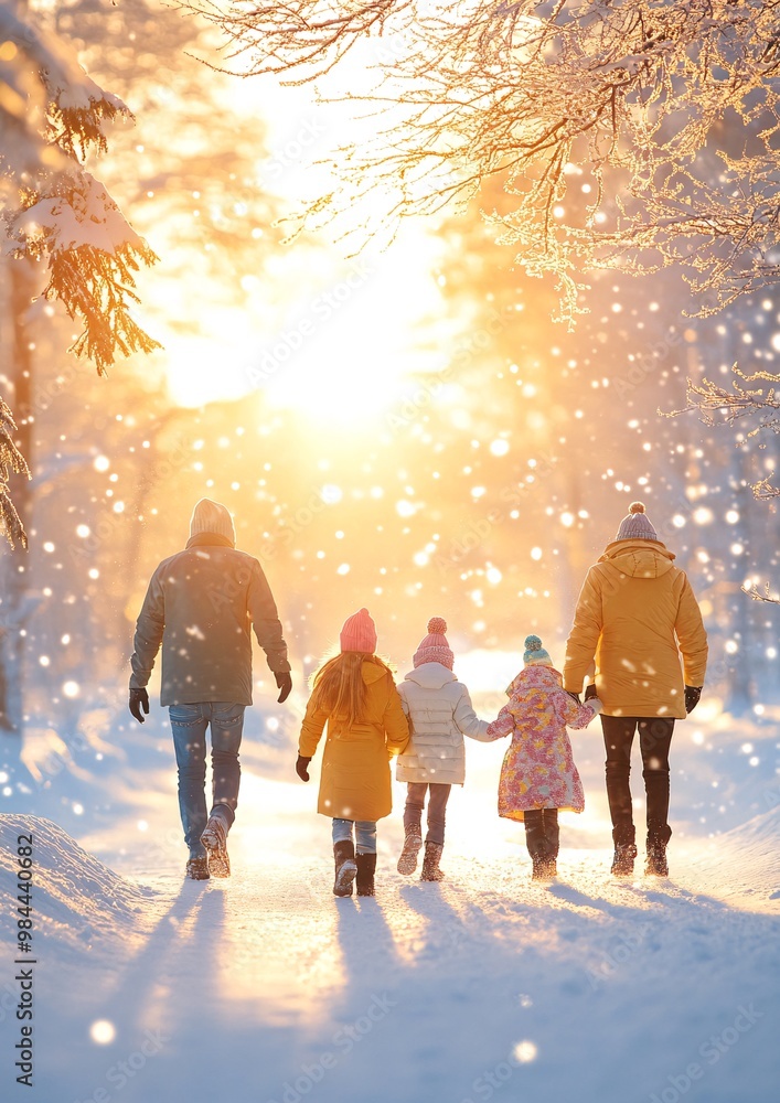Family Enjoying a Winter Walk in the Snowy Forest During Sunset Family Enjoying a Winter Walk in the Snowy Forest During Sunset